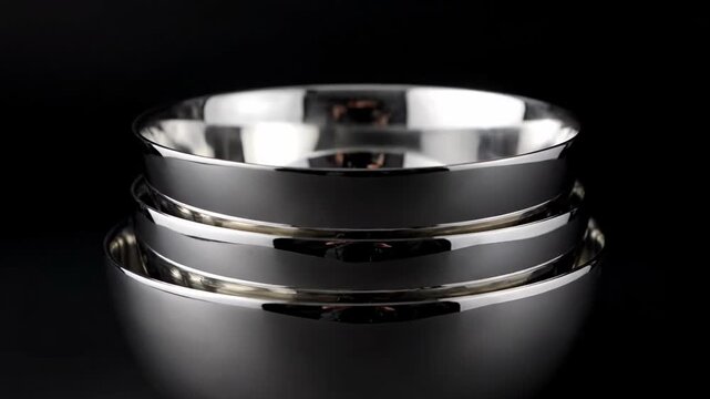 Elegant set of four different sized stainless steel mixing bowls rotating slowly. The metallic kitchenware gleams under the light