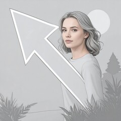 Woman with arrow, serene landscape