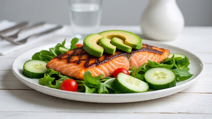 Grilled chicken and salmon with fresh vegetables on a plate