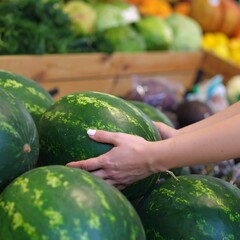 Woman selecting watermelon at market