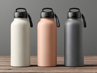 Three reusable water bottles in neutral colors stand on a rustic wooden surface against gray background.