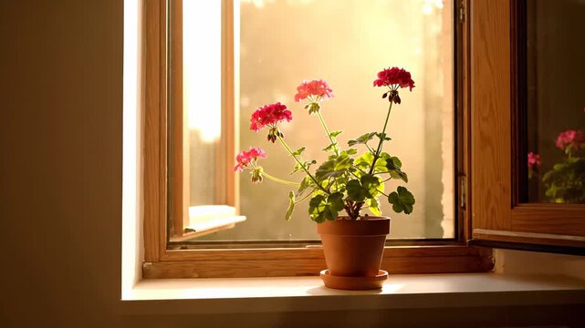 Stunning geranium plant with vibrant pink blossoms potted in terracotta, basking in the sunlight filtering through the open window, lending a welcoming and snug vibe to the room
