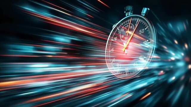 A stopwatch is shown with motion effects that emphasize speed. Bright colors and blurred lights create an exciting atmosphere, highlighting precision timing in activities like racing or sports.