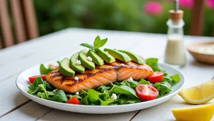 Grilled chicken and salmon with fresh vegetables on a plate
