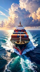 Cargo ship sailing on a vibrant ocean under a dramatic sky