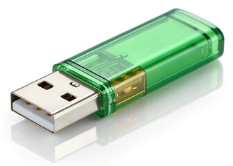 Green usb flash drive for data storage on a white surface close up view