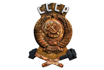 Old rusty Coat of arms of the Soviet Union made of metal on white