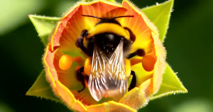 Bumblebee collecting pollen from a flower in the sun, a natural pollination process footage