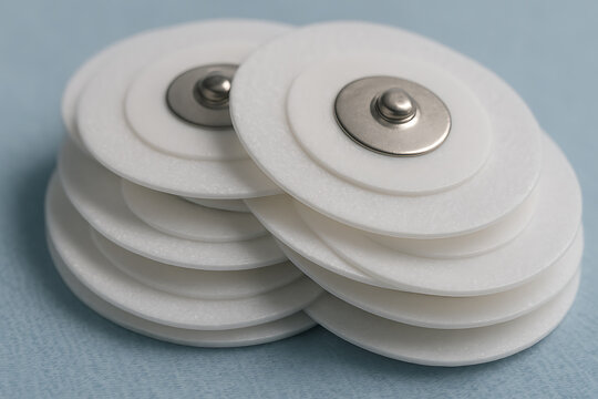 A close-up of stacked ECG electrodes with metallic connectors, emphasizing medical precision, patient monitoring, and diagnostic reliability in healthcare.