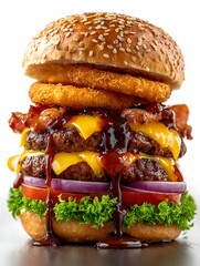 A towe double cheeseburger is layered with onion s, bacon, lettuce, and dripping barbecue sauce.