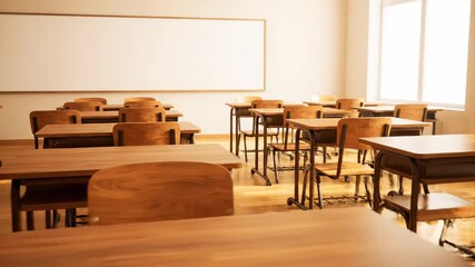 The classroom is empty, with wooden desks and chairs, a white board, and large windows. As the camera slowly moves backwards, the entire room comes into view