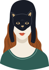 A person wearing a black cat mask and a green top