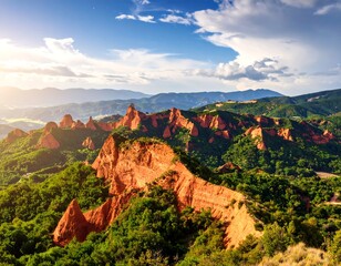 Dramatic red rock formations rise above lush green valleys under a vibrant sky