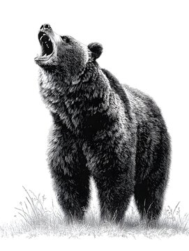 A monochrome illustration depicts a roa brown bear standing in a grassy field against a white background.