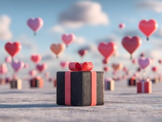 A black gift box with a red ribbon sits among heart balloons under a cloudy sky for valentines day.