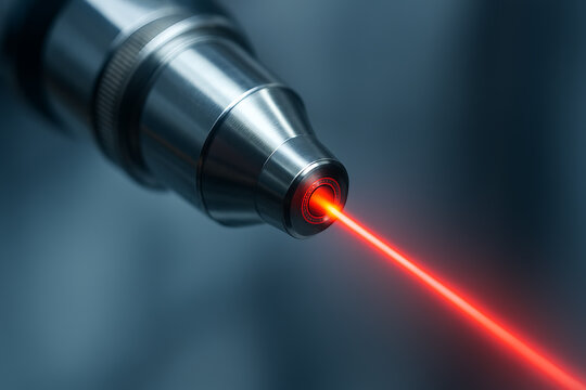 A close-up of a metallic laser emitter projecting a bright red beam, showcasing the precision and power of modern laser technology in action.