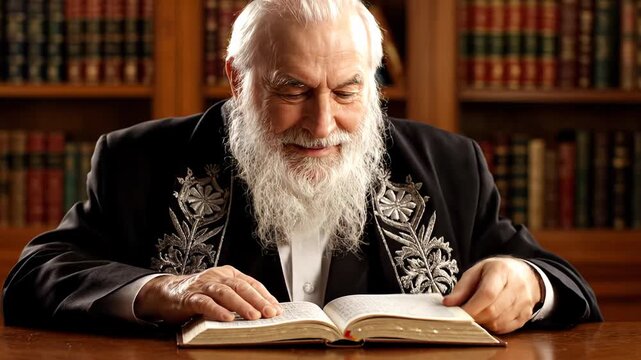Elderly Jewish man with a long white beard and wearing a kippah, sitting at a desk in a classic library, engrossed in studying and reading a sacred religious text