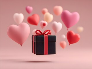 Black gift box with red ribbon floats amid heart shaped balloons on a soft pink romantic background scene.