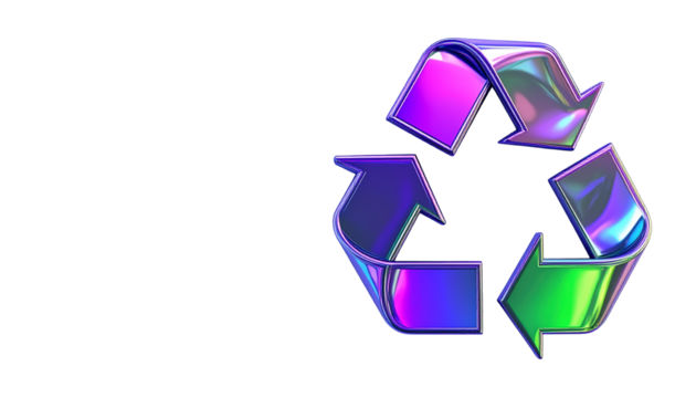 A vibrant, holographic recycling symbol