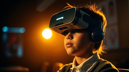 School student with VR headset using AI artificial intelligence technology. machine learning. Interactive technology in classroom. Smart tech. blue hologram in education