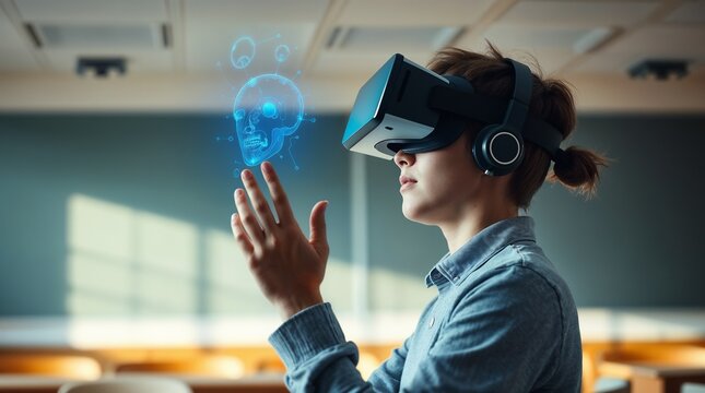 School student with VR headset using AI artificial intelligence technology. machine learning. Interactive technology in classroom. Smart tech. blue hologram in education