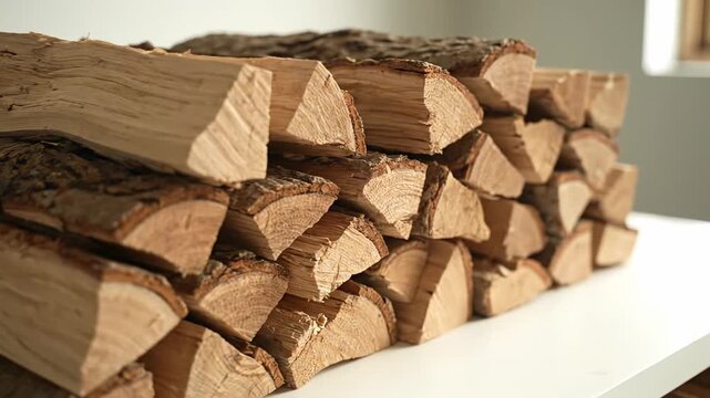 Stack of split firewood logs is neatly arranged on a white shelf, with sunlight streaming in to create ever changing shadows and accentuate the texture of the woodpile