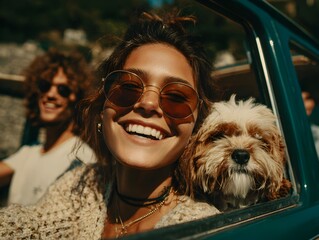 Happy young woman laughs with her dog du road trip adventure with friends in vintage blue car together.