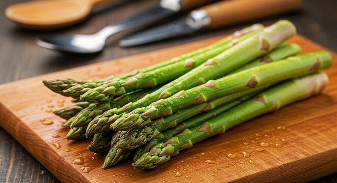 A bunch of freshly washed, vibrant green asparagus stalks on a rustic wooden cutting board.