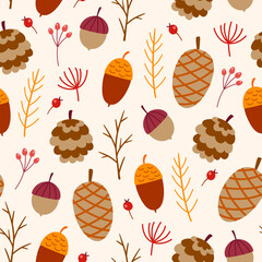 A pixelated repeating pattern of acorns pinecones berries and branches on a cream background