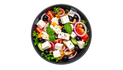 Colorful Greek salad in a dark bowl