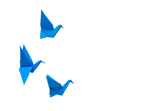 Three blue origami birds against a black background