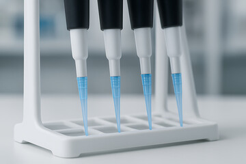 Close-up of laboratory pipettes aligned in a stand, ready for precision testing. The sterile setting represents scientific research and accuracy.