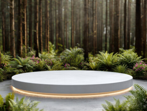 Mystical Forest Stage: A captivating composition features a circular stage set amidst a lush, verdant forest, with an inviting glow enhancing the space, ready to host an engaging spectacle.