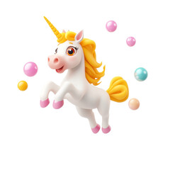 Whimsical cartoon unicorn with colorful mane and floating bubbles