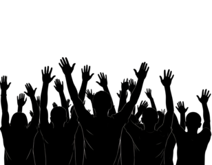Silhouettes of people with raised arms