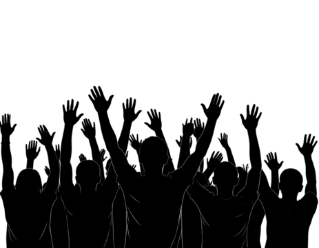 Silhouettes of people with raised arms