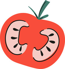 A red tomato cut in half showing seeds and flesh with green stem