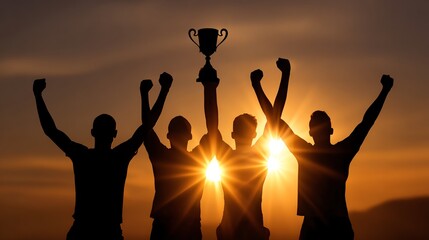 Silhouetted athletes celebrate triumph with a trophy at sunset, expressing joy and camaraderie. This image captures the essence of victory and teamwork in sports.
