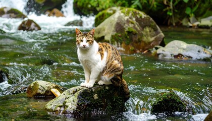 Cat sits on rock in a stream, surrounded by lush green foliage