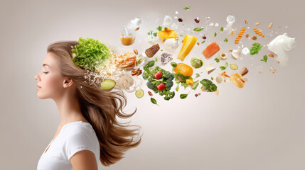 Woman with flowing hair creatively showcases a variety of healthy foods and ingredients bursting from her head in a surreal manner