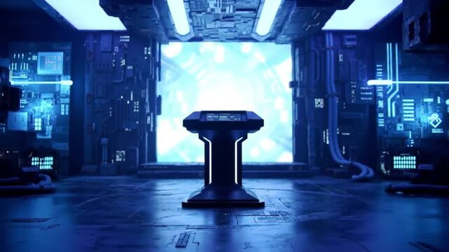 Advanced science fiction control room featuring a luminous pedestal before a powerful energy gateway