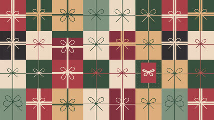 Pattern of christmas presents in squares of red green beige and black with bows and string details