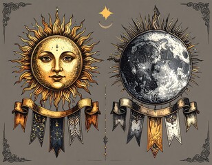 Celestial sun and moon with banners