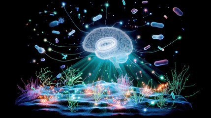 Abstract representation of a brain with glowing microbes and illuminated plants against a dark background, symbolizing neuroscience and microbiology