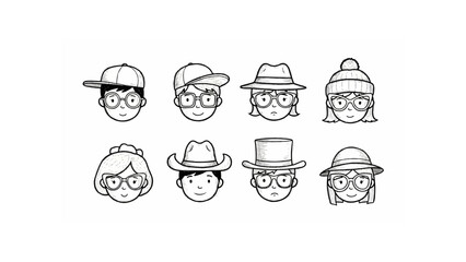 Collection of cartoon faces with various hats and glasses in black and white line art style illustration
