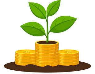 A stylized illustration of a small plant growing from a stack of gold coins