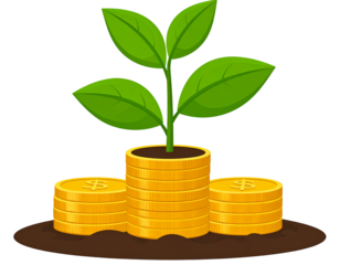 A stylized illustration of a small plant growing from a stack of gold coins
