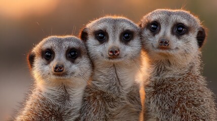 Three adorable meerkats stand close together, showcasing their curious expressions against a warm, glowing sunset backdrop. A charming capture of wildlife in a serene moment.