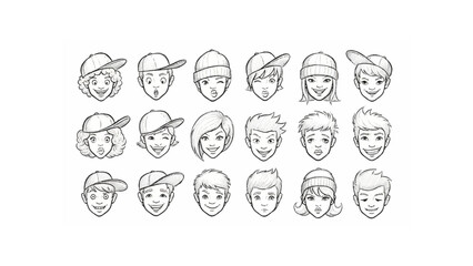 Set of smiling line-drawn faces wearing baseball caps creates an approachable element for branding.