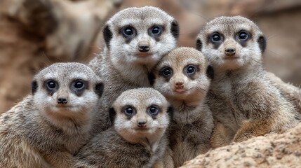 A charming group of meerkats huddles together in a natural setting, showcasing their playful personalities and curious expressions amidst a sandy environment.